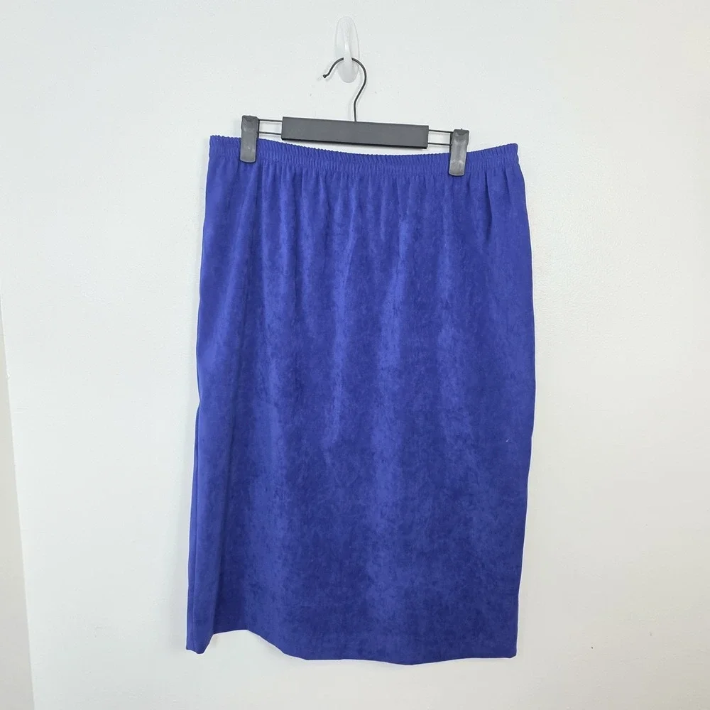 Leslie Fay Blue Faux Suede Elastic Waist Versatile Straight Midi Skirt‎ Size 10